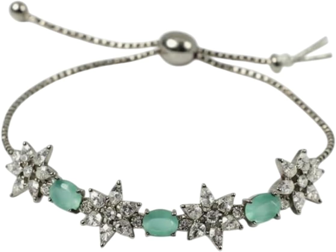1364-Pretty Precious Adjustable chain Bracelet Cubic Zircon/American Diamond Rohdium Plated for Women and Girls-Mint colour