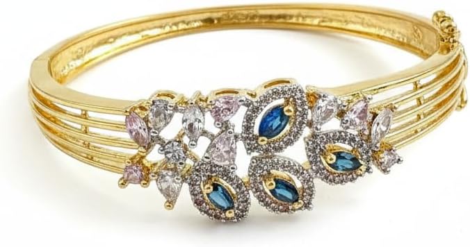 1430-Pretty Precious American Diamond Openable Kada Bracelet for Women, Gold & Silver Plating, Cubic Zirconia, One Size, Party & Wedding-Blue