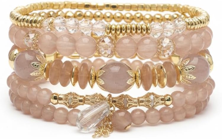 BC26154-Pretty Precious Boho Stackable Beaded Bracelet Set – Elastic Bracelets for Women – Coastal Inspired – Adjustable Handmade Beaded Bracelet (4-Piece Set)-Assorted Colour (Rose Pink)