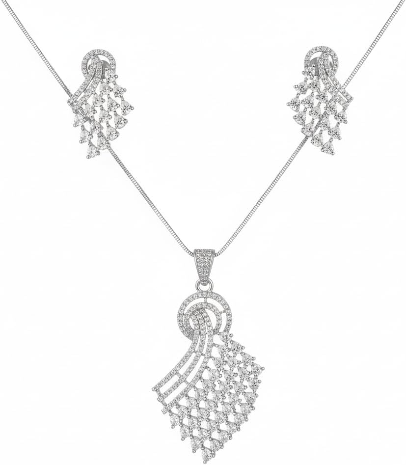 1384-PRETTY PRECIOUS Rodhium-Plated American Diamond Pendant Set with Earrings for Women and Girls, with Chain-White