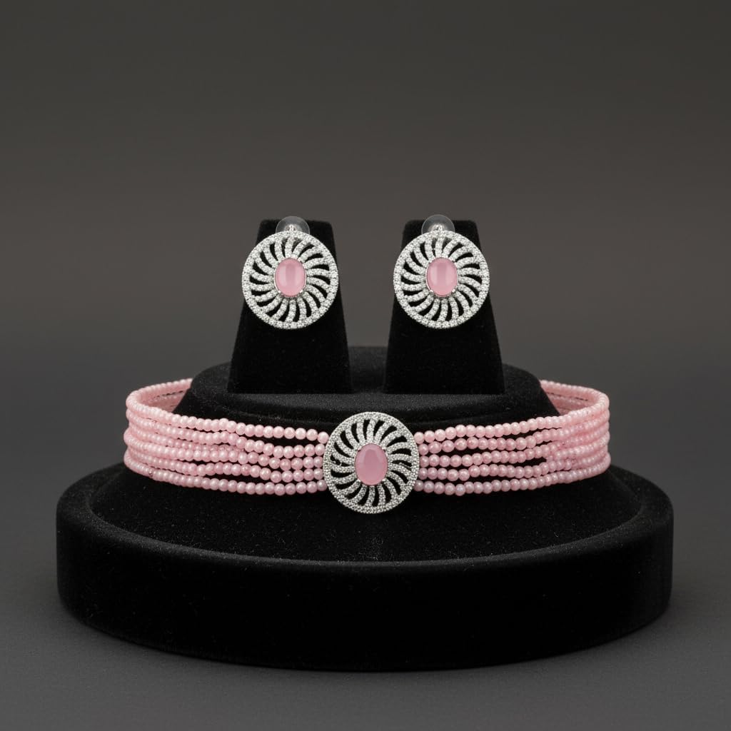 432530-Pretty Precious Beaded Choker Necklace and Earrings Set for Women & Girls | Crystal Accents | Elegant Party & Wedding Jewellery | Statement Fashion Set | Gift for Her-Pink