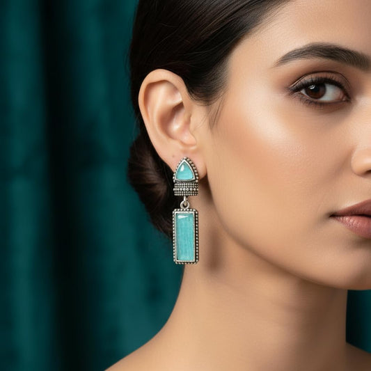 1541-Pretty Precious Oxidised Silver Stylish Party Wear Earrings for Women and Girls-White & Aqua