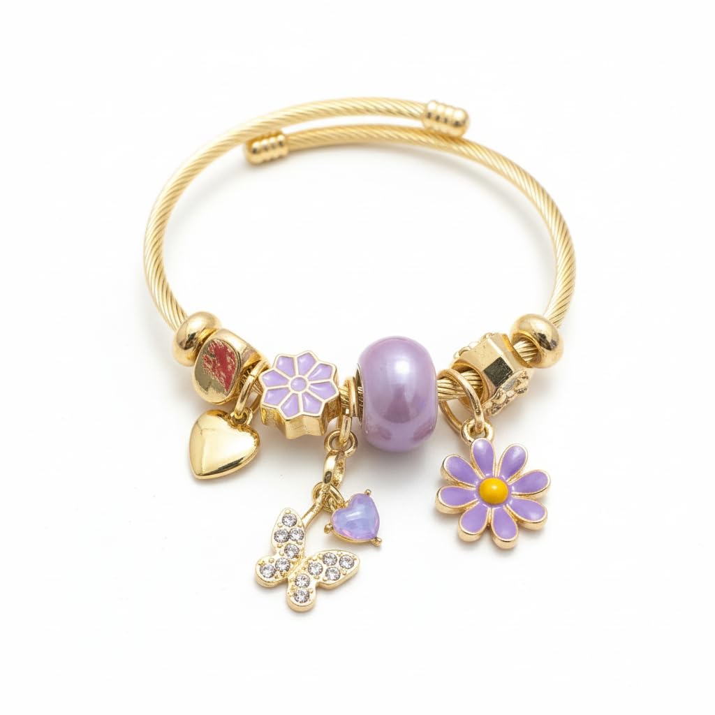 BC26141-Gold Tone Cable Bangle Bracelet with Beach Theme Charms, Seashell Starfish Flip Flop Dangles, Assorted Colours and Designs