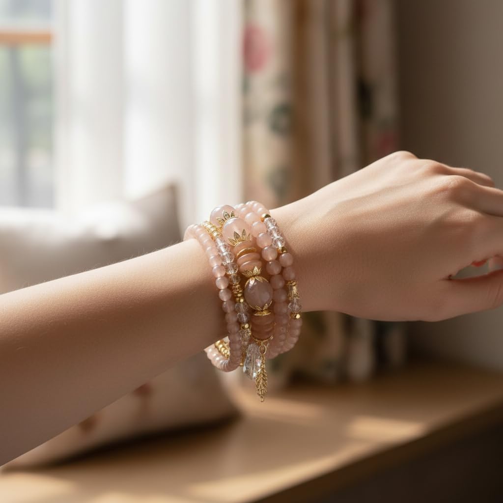 BC26154-Pretty Precious Boho Stackable Beaded Bracelet Set – Elastic Bracelets for Women – Coastal Inspired – Adjustable Handmade Beaded Bracelet (4-Piece Set)-Assorted Colour (Pink)
