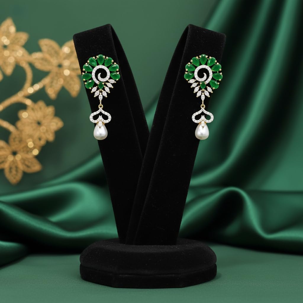 438463-Pretty Precious Two Tone Plated American Diamond Earrings for Women & Girls | AD Cubic Zirconia Stud Earrings | Gold & Silver Tone Elegant Jewellery | Party & Wedding Wear-Green