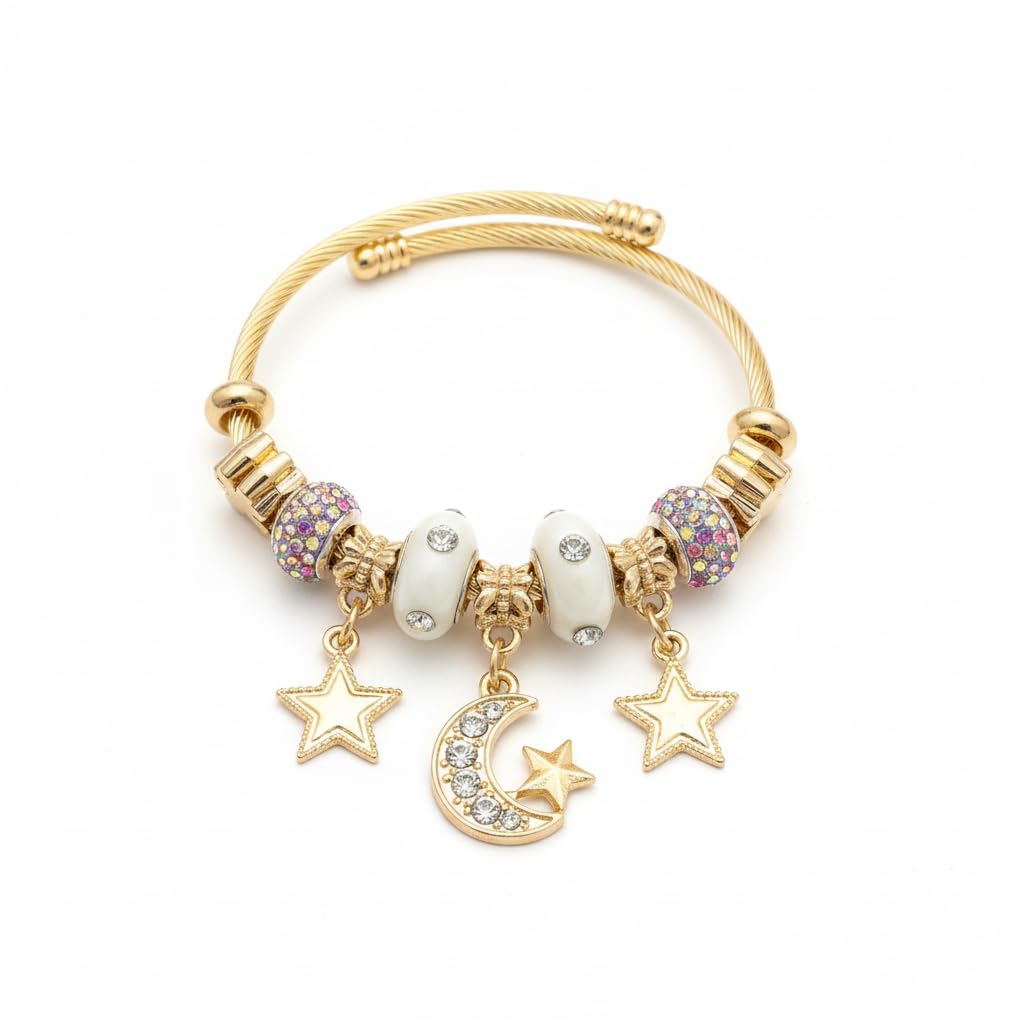BC26141-Gold Tone Cable Bangle Bracelet with Beach Theme Charms, Seashell Starfish Flip Flop Dangles, Assorted Colours and Designs