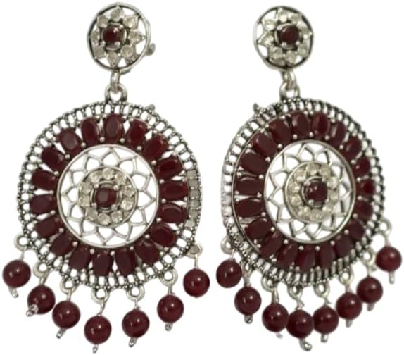 1353-Pretty Precious Oxidised Silver Stylish Party Wear Earrings for Women and Girls-Ruby Colour