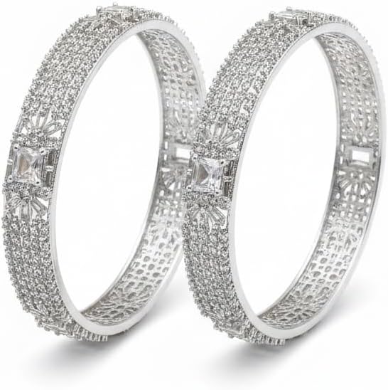 1459-Pretty Precious Rodhium-Plated Cubic Zirconia/American Diamond Traditional Bangles/Bracelet Set of 2 for Women and Girls -White (Size 2.6)
