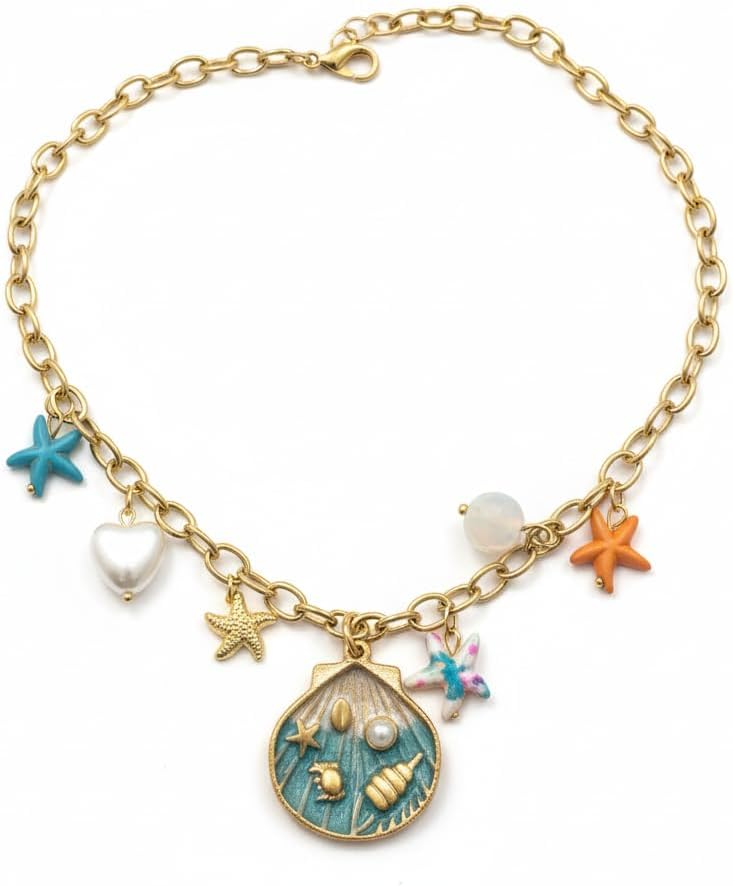 1370-Pretty Precious Premium Jewellery Mala Necklace, Stainless Steel, Gold Chain, Ocean Theme with Starfish and Shell Charms,-Design-3