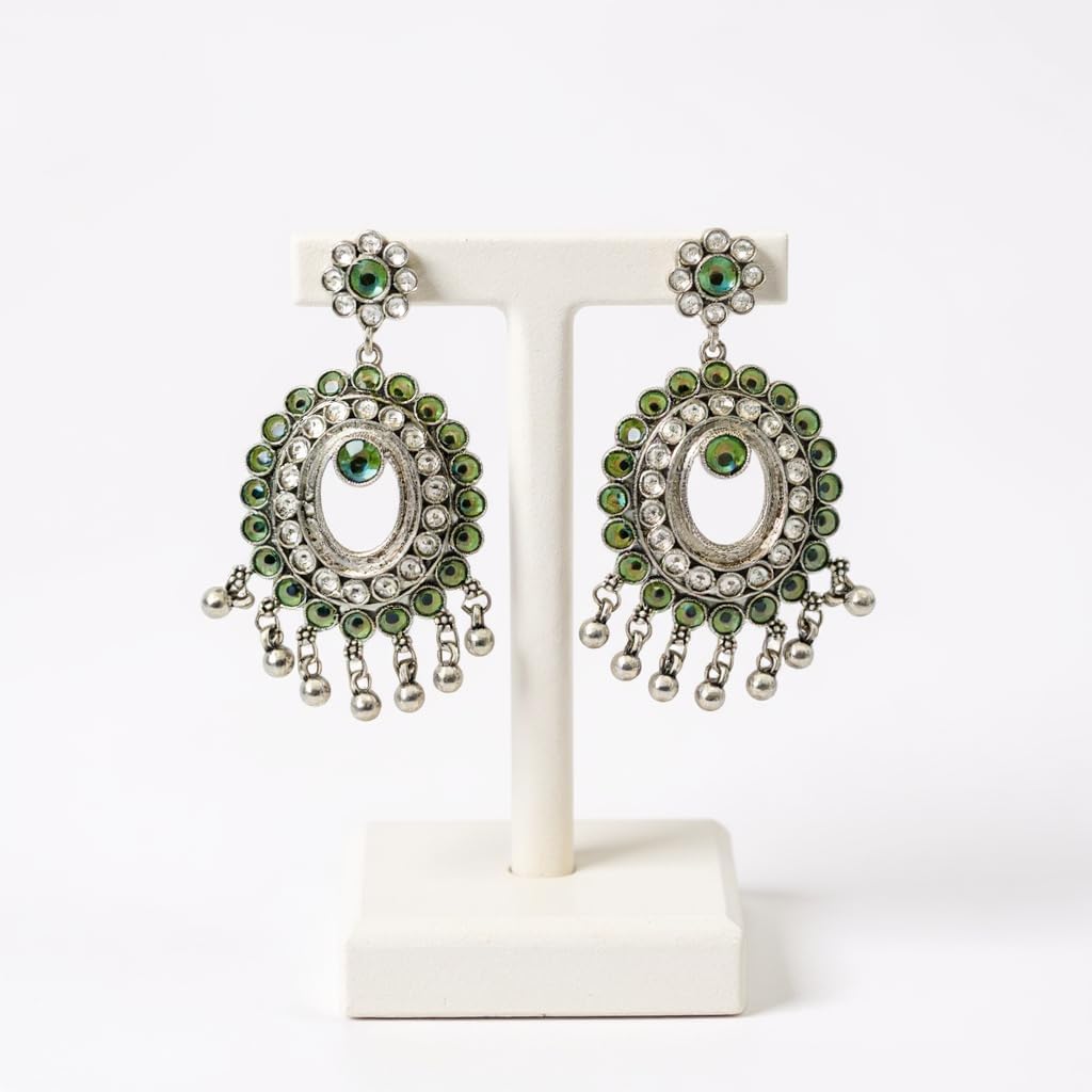 1343-(Design-2)-Pretty Precious Oxidised Silver Peacock Chandbali Earrings for Women, Party Wear Dangle Earrings with Cubic Zirconia Stones, Silver Plating