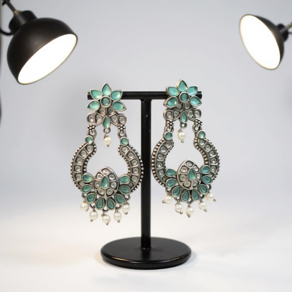 1345-Pretty Precious Oxidised Silver Stylish Party Wear Earrings for Women and Girls-Mint Colour