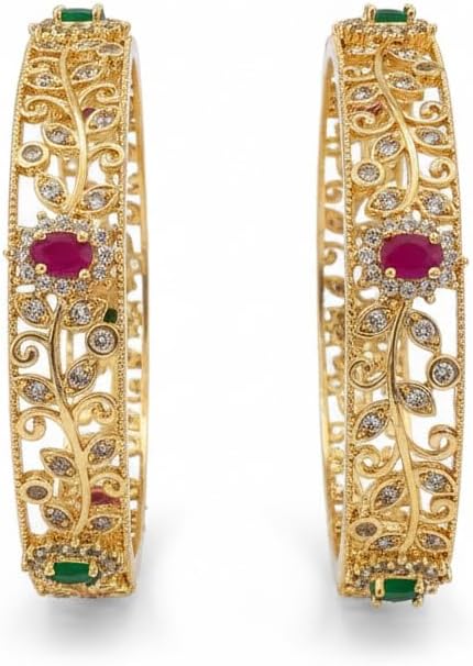 1497-Pretty Precious Gold Plated Cubic Zirconia/American Diamond Traditional Bangles/Bracelet Set of 2 for Women and Girls- Ruby Green (Size 2.6)