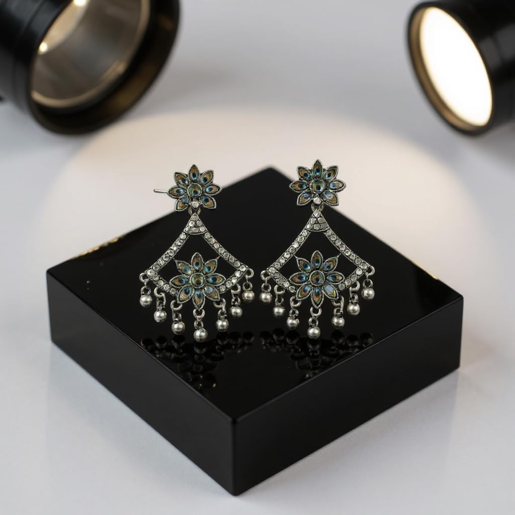 1344-Pretty Precious Oxidised Silver Earrings for Women, Party Wear Dangle Earrings with Cubic Zirconia Stones, Silver Plating-Peacock Design