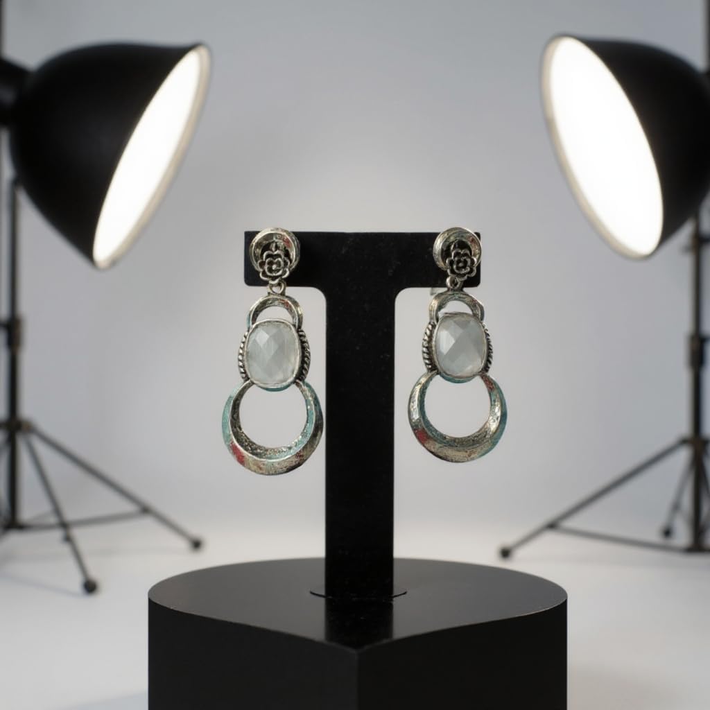 1356-Pretty Precious Oxidised Silver Stylish Party Wear Earrings for Women and Girls-White Colour
