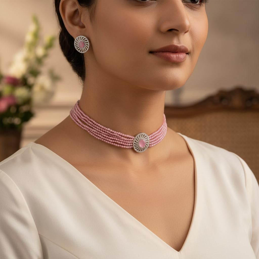 432530-Pretty Precious Beaded Choker Necklace and Earrings Set for Women & Girls | Crystal Accents | Elegant Party & Wedding Jewellery | Statement Fashion Set | Gift for Her-Pink