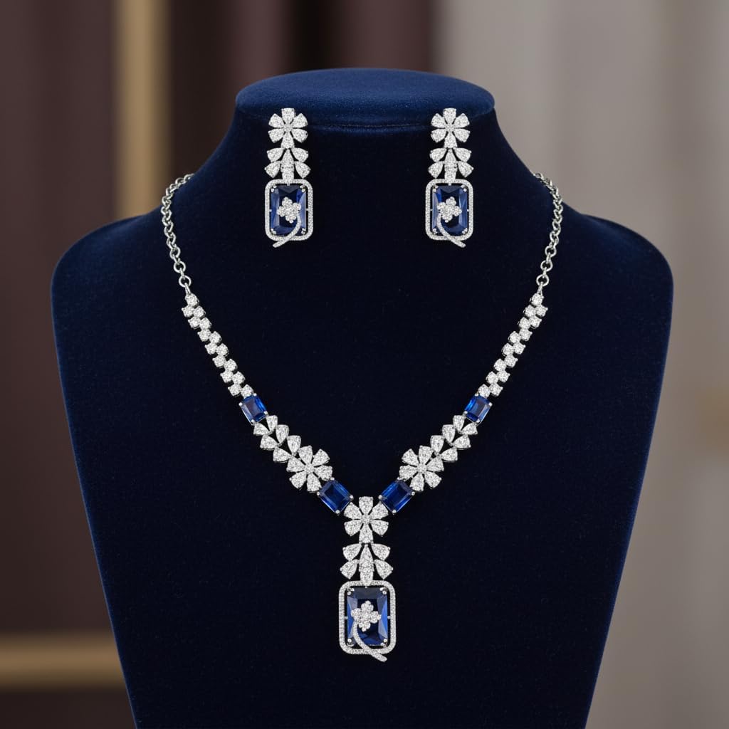 1401-Pretty Precious AD Necklace Set for Women | Rhodium Plated American Diamond Necklace & Earrings Set | Party, Wedding & Festive Jewellery-Blue Colour
