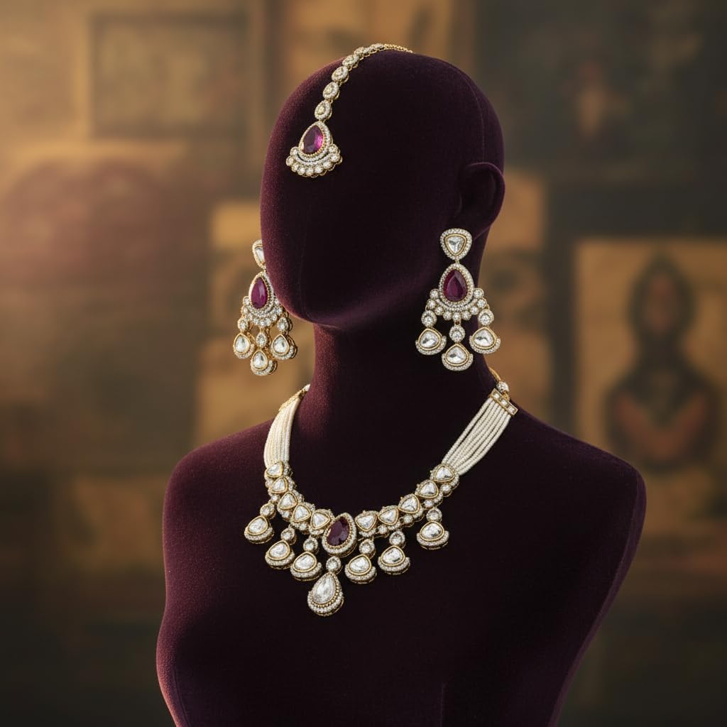 112795-Pretty Precious Kundan Necklace Set with Maang Tikka and Earrings for Women & Girls | Gold Plated Traditional Bridal Jewellery Set | Wedding, Festive & Party Wear-Purple Stone