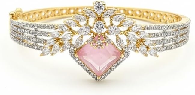 1416-Pretty Precious American Diamond Openable Kada Bracelet for Women, Gold & Silver Plating, Cubic Zirconia, One Size, Party & Wedding-Pink