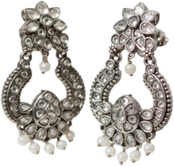 1346-Pretty Precious Oxidised Silver Stylish Party Wear Earrings for Women and Girls-Transparent with Pearl