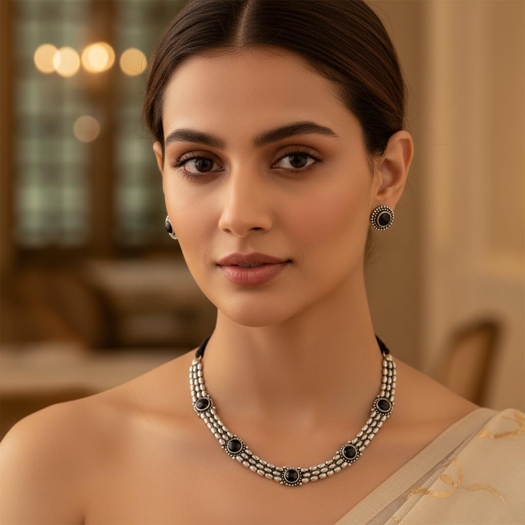 806760-Pretty Precious Latest Stylish Traditional Oxidised Silver Necklace Jewellery Set for Women | Antique Finish Ethnic Necklace with Matching Earrings | Festive & Party Wear-Black Colour