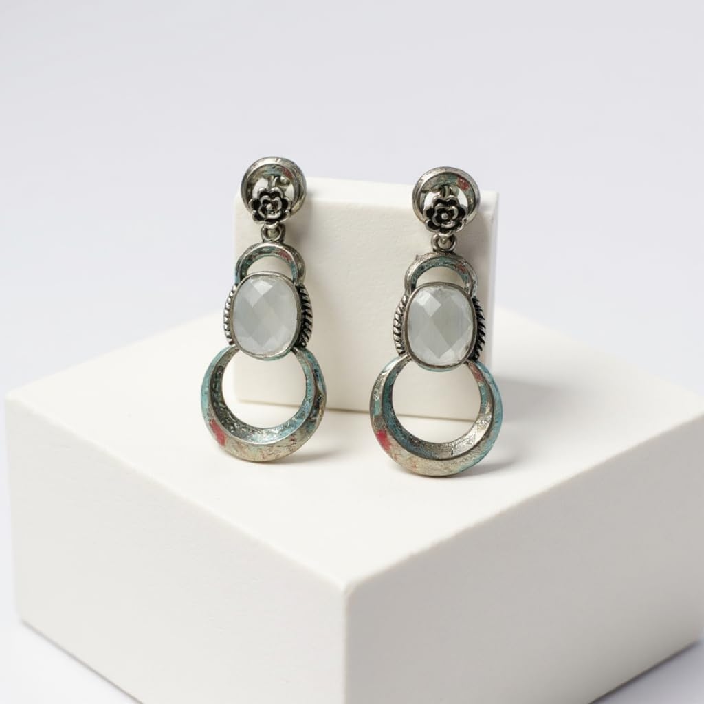 1356-Pretty Precious Oxidised Silver Stylish Party Wear Earrings for Women and Girls-White Colour