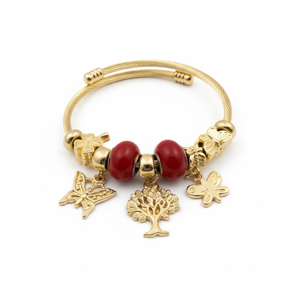 1435-Pretty Precious Gold Twisted Cable Charm Bracelet with Beads, Elephant Charms, Crystal Accents, Adjustable Bangle