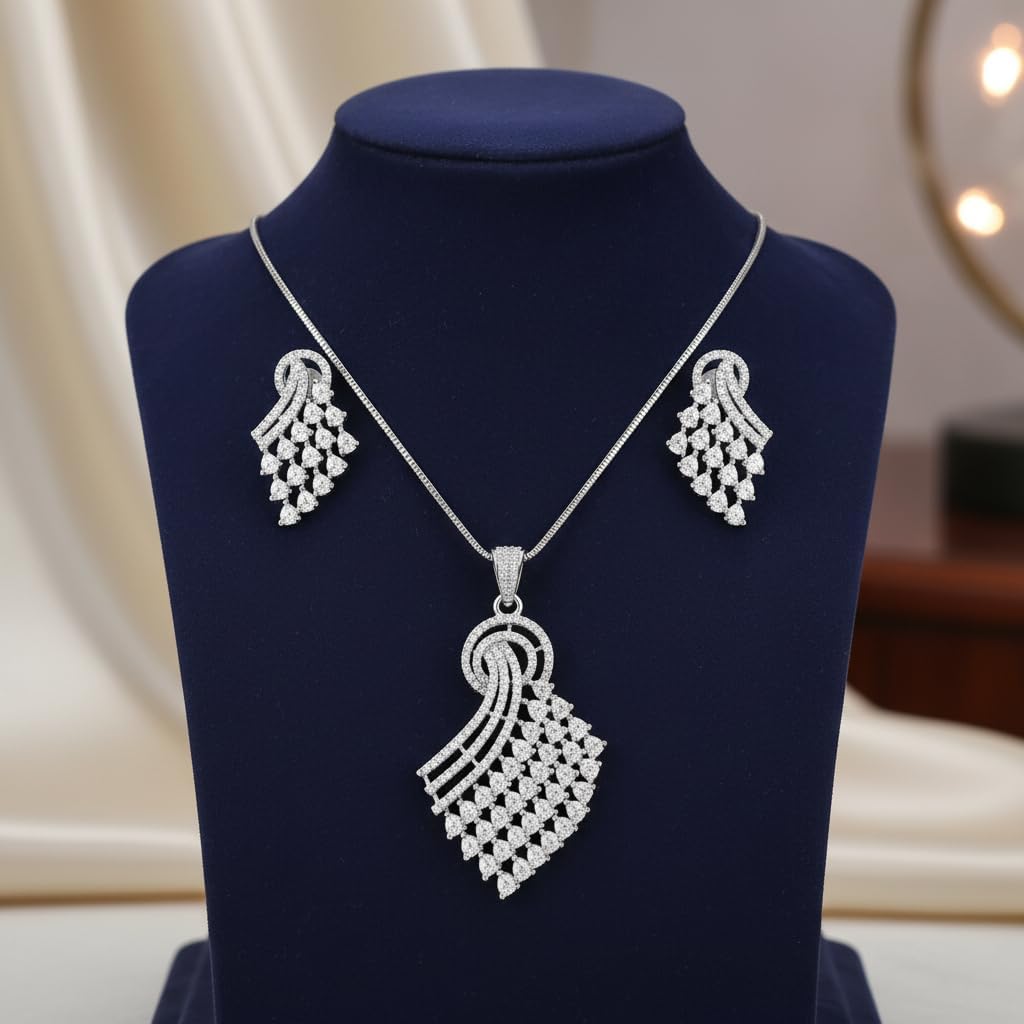 1384-PRETTY PRECIOUS Rodhium-Plated American Diamond Pendant Set with Earrings for Women and Girls, with Chain-White
