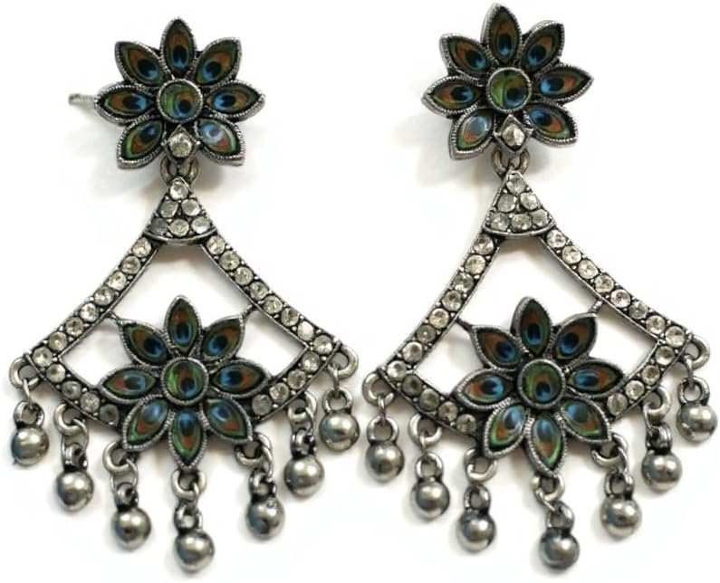 1344-Pretty Precious Oxidised Silver Earrings for Women, Party Wear Dangle Earrings with Cubic Zirconia Stones, Silver Plating-Peacock Design
