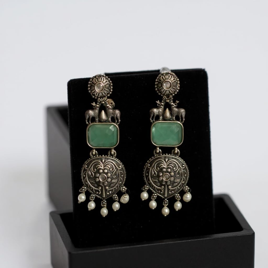 1358-Pretty Precious Oxidised Silver Stylish Party Wear Earrings for Women and Girls-Aqua Colour