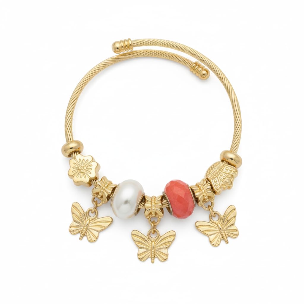 1435-Pretty Precious Gold Twisted Cable Charm Bracelet with Beads, Elephant Charms, Crystal Accents, Adjustable Bangle