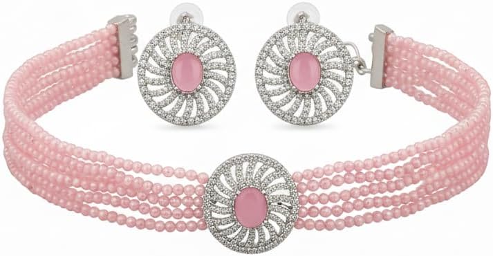 432530-Pretty Precious Beaded Choker Necklace and Earrings Set for Women & Girls | Crystal Accents | Elegant Party & Wedding Jewellery | Statement Fashion Set | Gift for Her-Pink