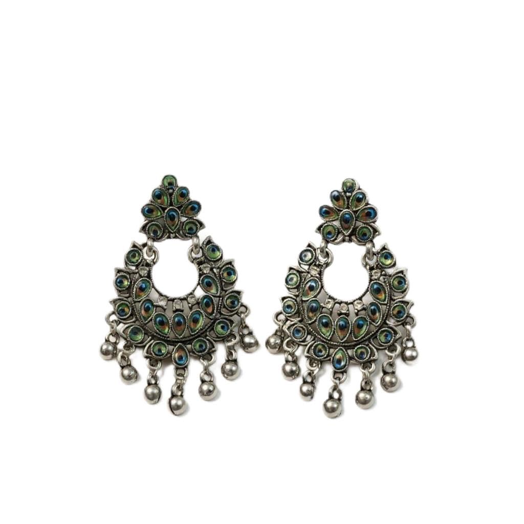 1344-Pretty Precious Oxidised Silver Earrings for Women, Party Wear Dangle Earrings with Cubic Zirconia Stones, Silver Plating-Peacock Design