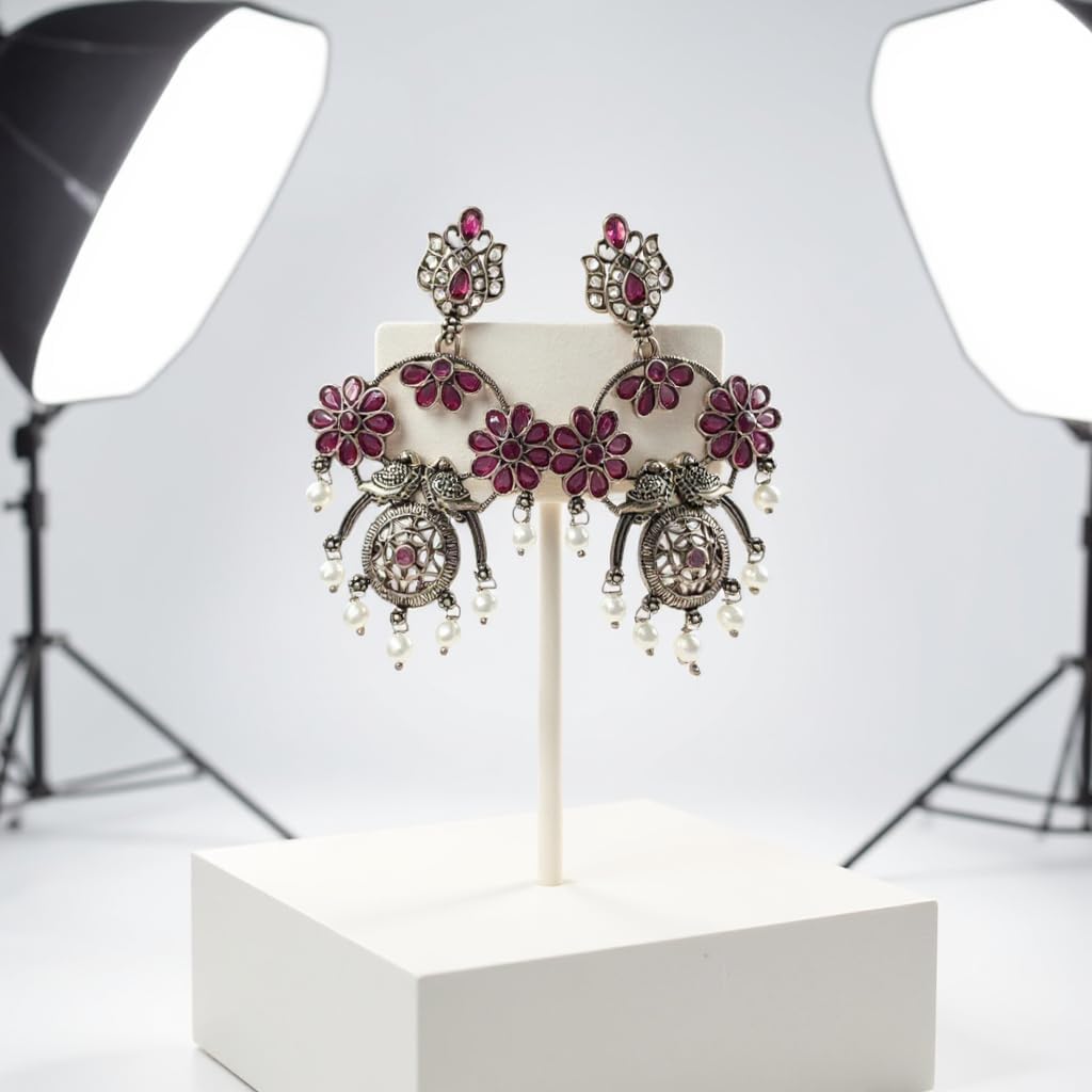 1355-Pretty Precious Oxidised Silver Stylish Party Wear Earrings for Women and Girls-Ruby Colour