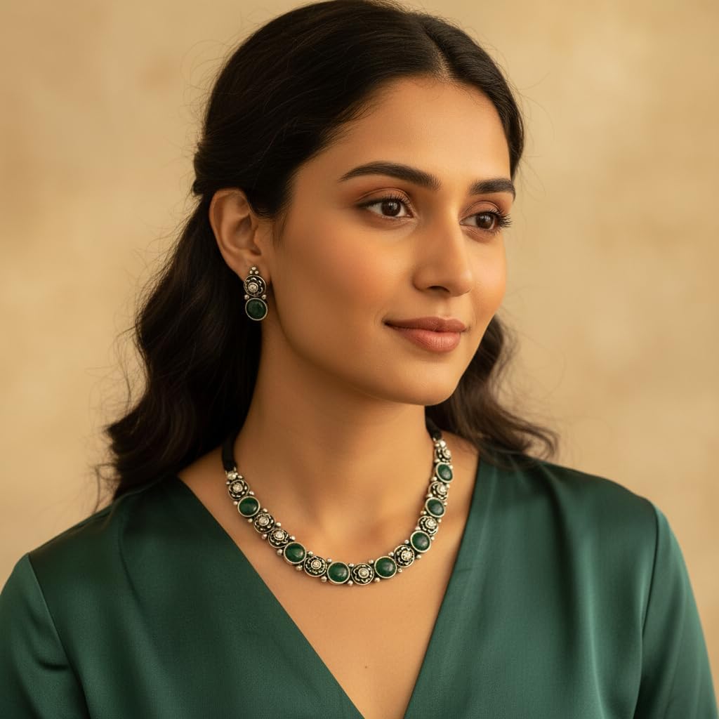 806173-Pretty Precious Latest Stylish Traditional Oxidised Silver Necklace Jewellery Set for Women | Antique Finish Ethnic Necklace with Matching Earrings | Festive & Party Wear-Green Colour