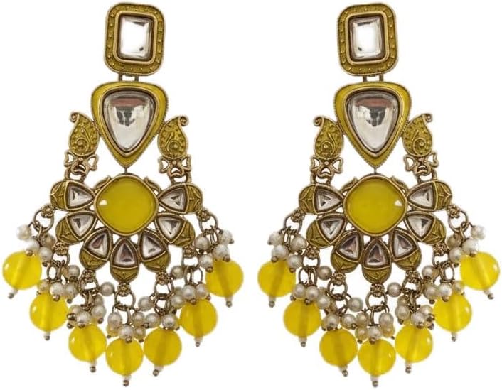 112519-Pretty Precious Traditional Kundan Earring Stylish Party Wear Earrings for Women and Girls-Mehndi Plating-Yellow