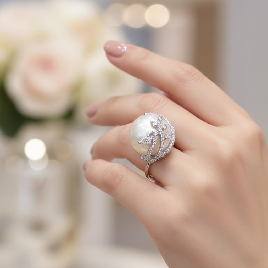 442408-Pretty Precious Pearl & American Diamond Adjustable Ring for Women | Silver Tone Statement Finger Ring | Elegant Party & Wedding Jewellery-Silver with Pearl