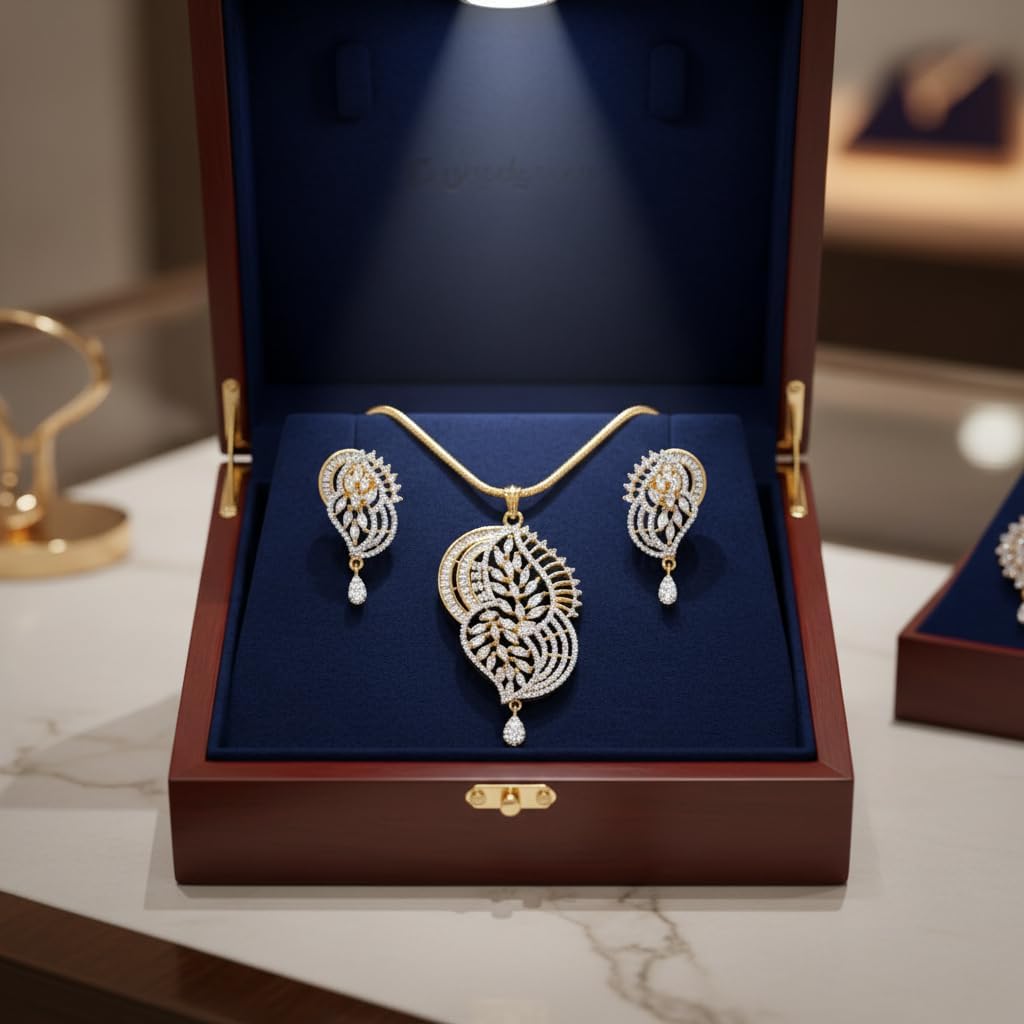 1388-Pretty Precious AD Two Tone Pendant Set for Women | American Diamond Pendant with Earrings & Chain | Elegant Party, Wedding & Daily Wear Jewellery-White