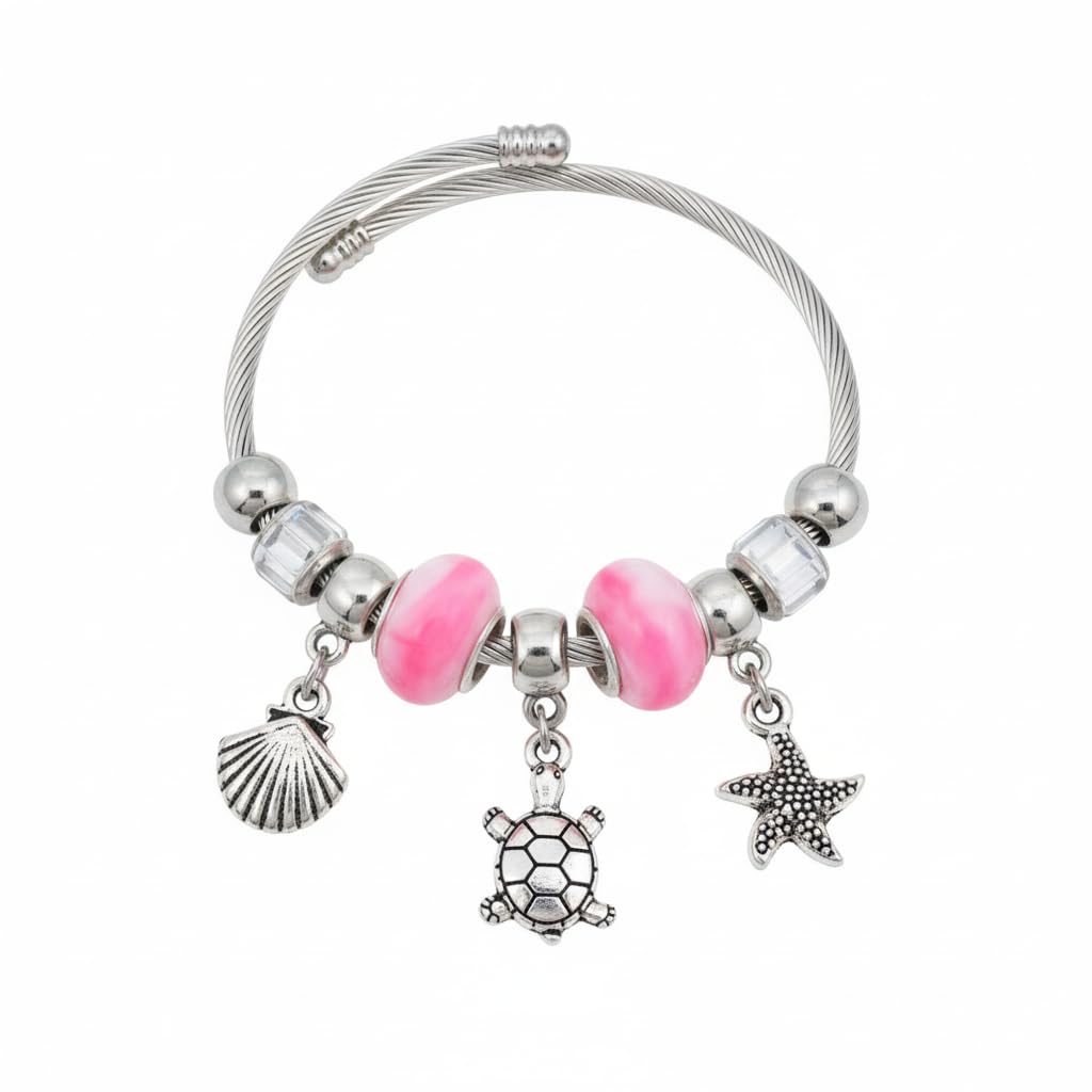 1436-Pretty Precious Silver Cable Charm Bracelet with Beads, Twisted Wire Bangle with Heart Lock, Clover, Butterfly, Pearl Charms