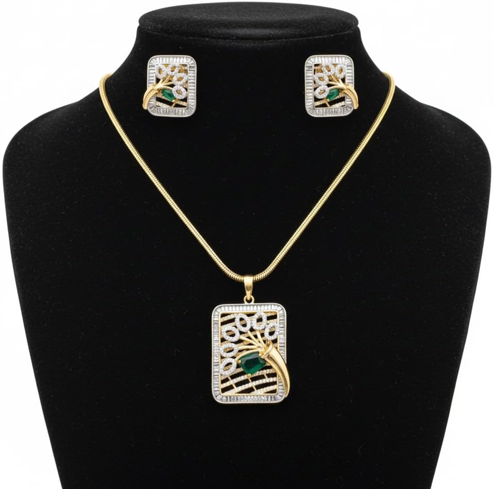 1385-Pretty Precious AD Two Tone Pendant Set for Women, American Diamond with Earrings and Chain, Party Wedding Daily Wear Jewellery-Green