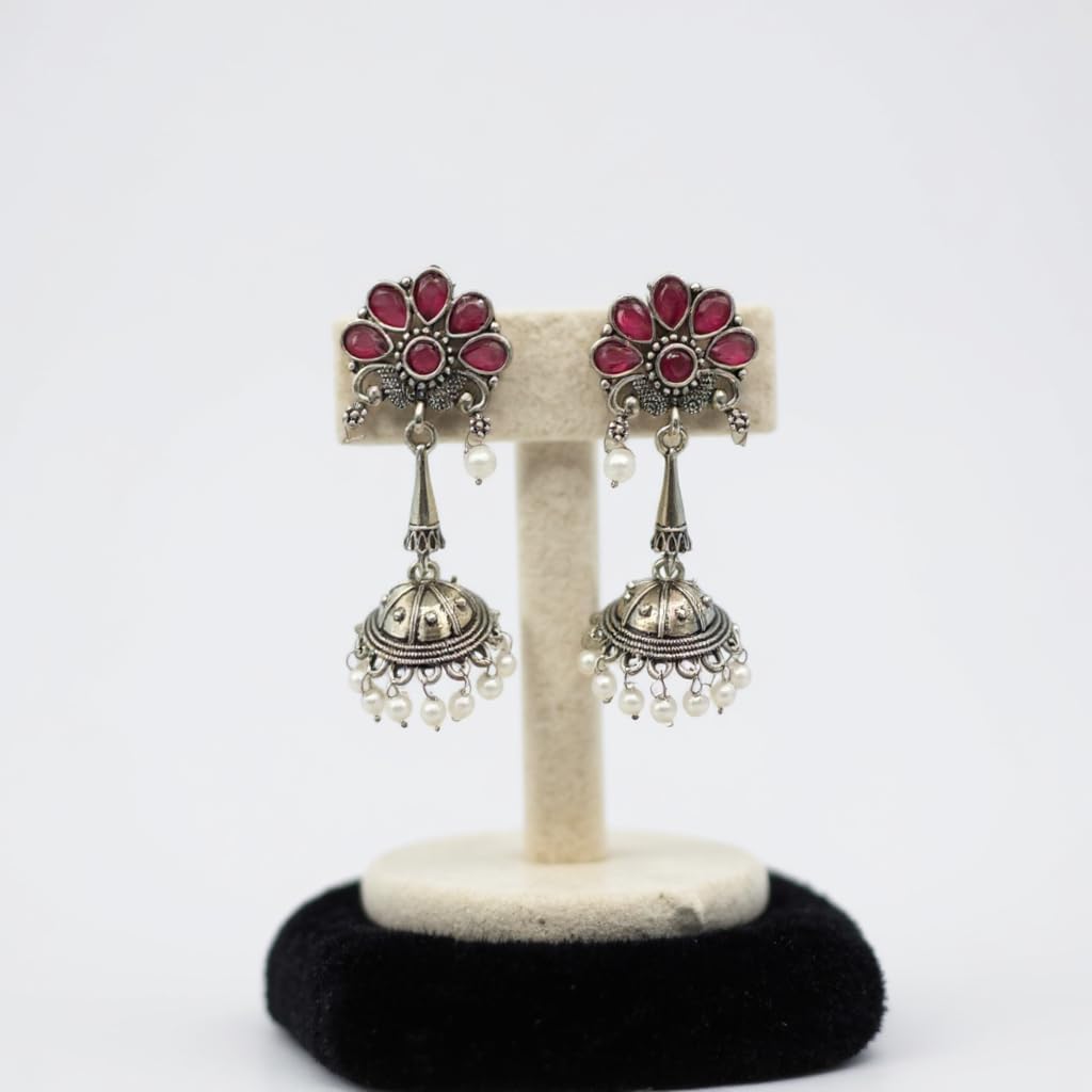 1350-Pretty Precious Oxidised Silver Stylish Party Wear Earrings for Women and Girls-Ruby