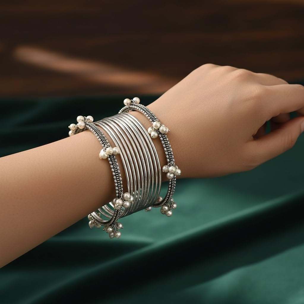 810602-Pretty Precious Silver Bangle Set, Metal Bangles with Bell Charms, Oxidized Finish, Traditional Indian Jewelry, Multi-Piece Stack Bracelet Set