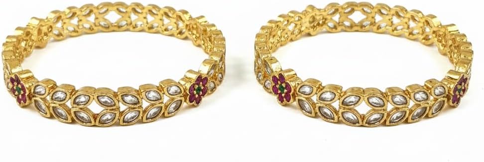 1486-Pretty Precious Gold Plated Cubic Zirconia/American Diamond Traditional Bangles/Bracelet Set of 2 for Women and Girls- Ruby Green (Size 2.4)