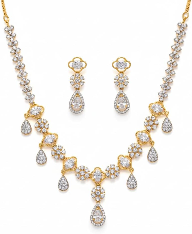 434054-Pretty Precious American Diamond Gold Plated Necklace and Earrings Set for Women, Floral Teardrop Design, Wedding Bridal Party Jewellery-White