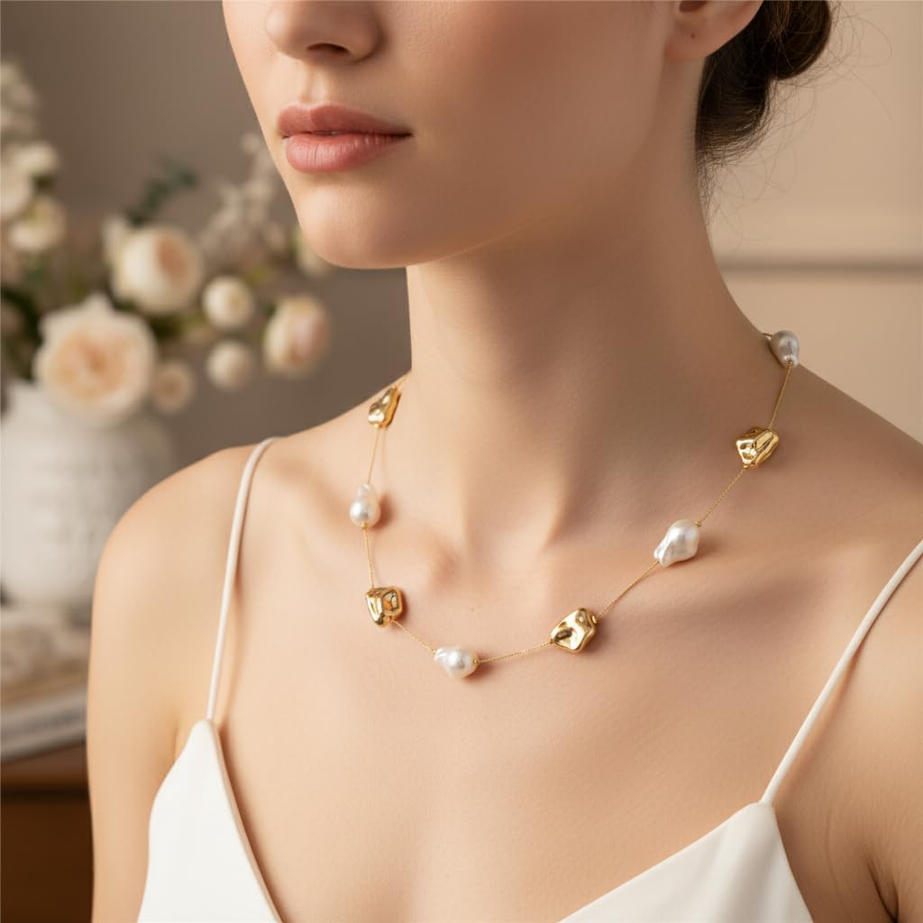 BC22531-Pretty Precious Baroque Pearl and Gold Nugget Necklace, Irregular Pearl Beads, Gold Chain, Toggle Clasp, Statement Jewelry
