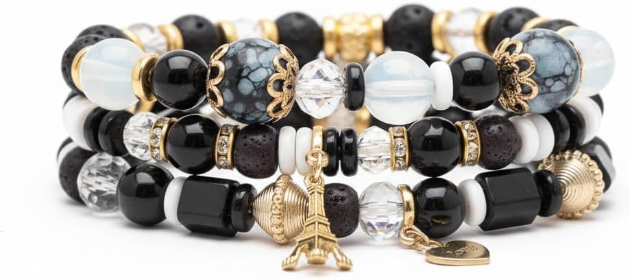 BC26154-Pretty Precious Boho Stackable Beaded Bracelet Set – Elastic Bracelets for Women – Coastal Inspired – Adjustable Handmade Beaded Bracelet (4-Piece Set)-Assorted Colour (Black-White)
