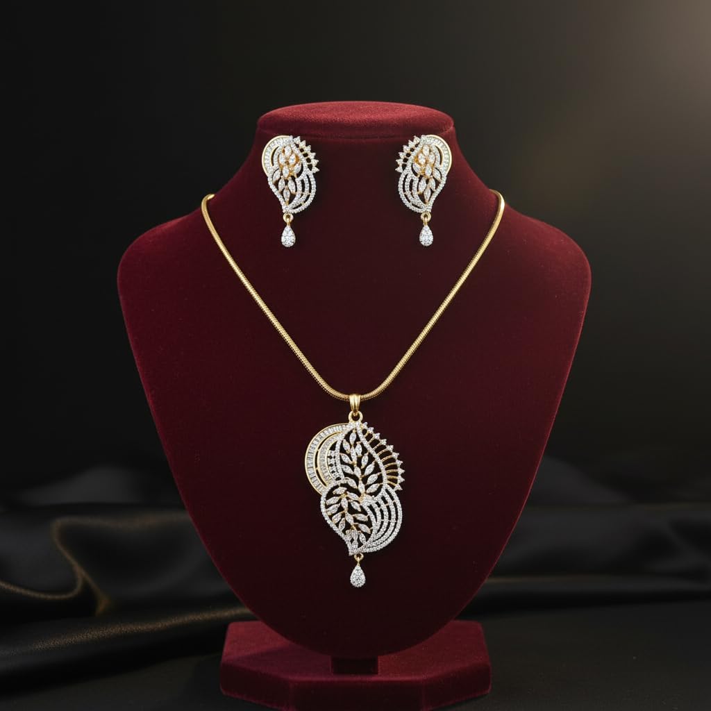 1388-Pretty Precious AD Two Tone Pendant Set for Women | American Diamond Pendant with Earrings & Chain | Elegant Party, Wedding & Daily Wear Jewellery-White