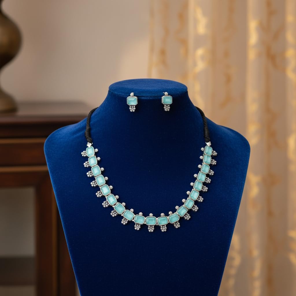 804793-Pretty Precious Latest Stylish Traditional Oxidised Silver Necklace Jewellery Set for Women | Antique Finish Ethnic Necklace with Matching Earrings | Festive & Party Wear-Aqua Colour