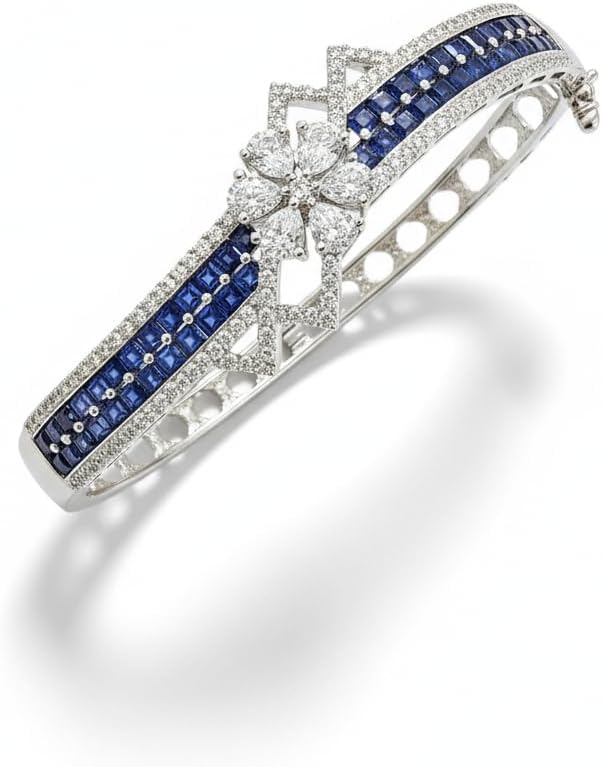 1409-Pretty Precious Rhodium Plated American Diamond Openable Kada Bracelet for Women, Cubic Zirconia, Alloy Steel-Blue