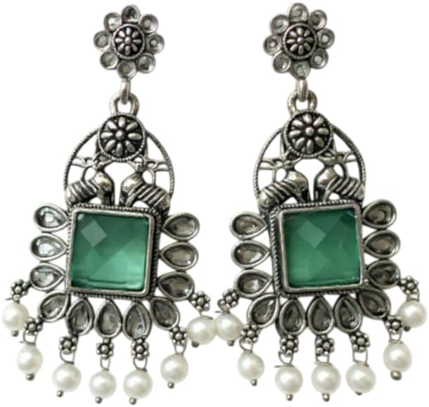 1347-Pretty Precious Oxidised Silver Stylish Party Wear Earrings for Women and Girls-Mint Colour