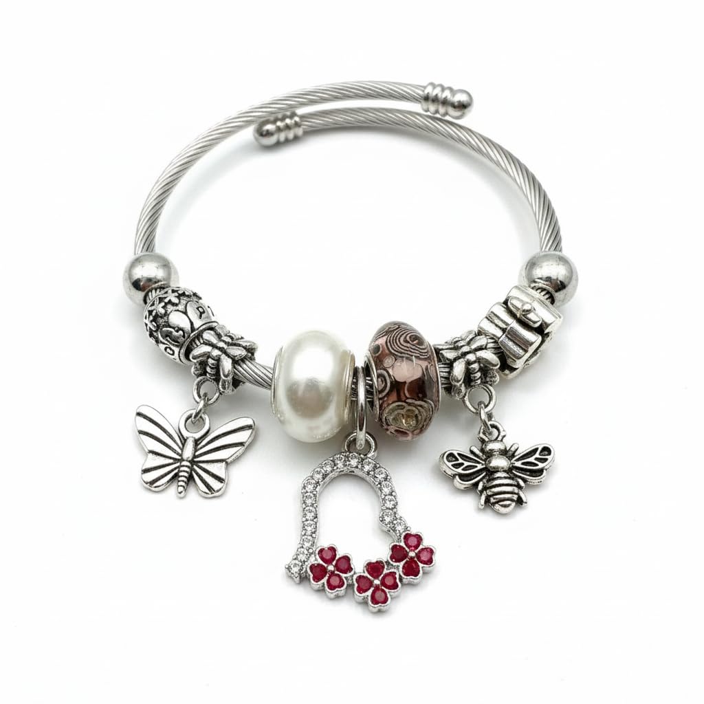 1436-Pretty Precious Silver Cable Charm Bracelet with Beads, Twisted Wire Bangle with Heart Lock, Clover, Butterfly, Pearl Charms
